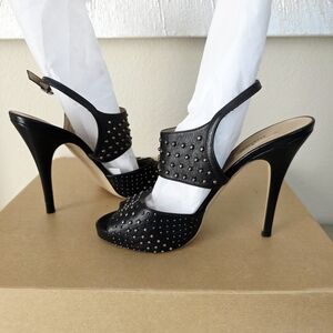 Authentic Valentino Garavani Black Leather Silver Studded Slingback High Heels